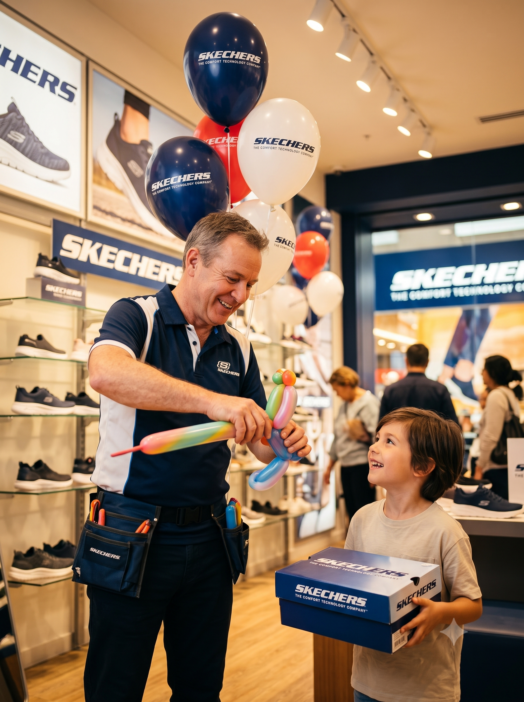 Globero Skechers haciendo figura para niño en tienda