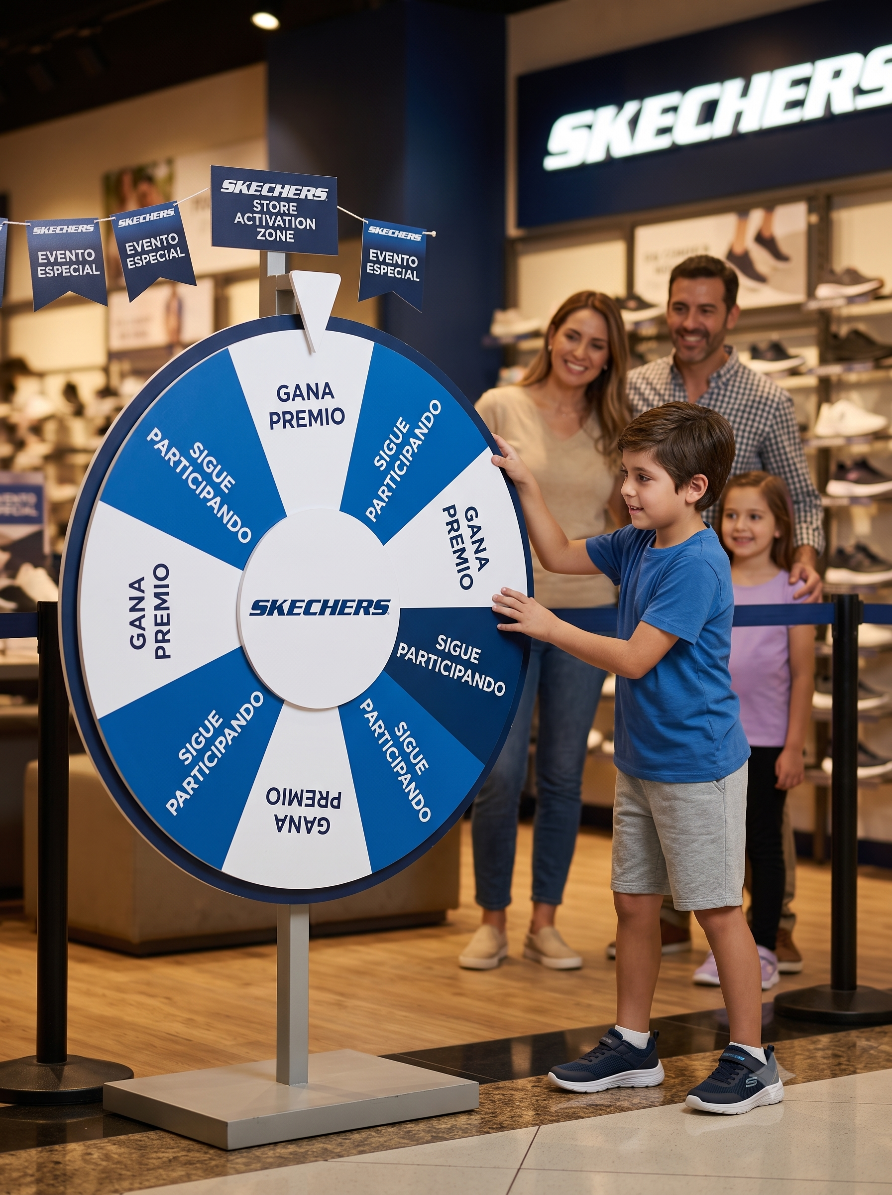 Ruleta Skechers con niño girando en tienda